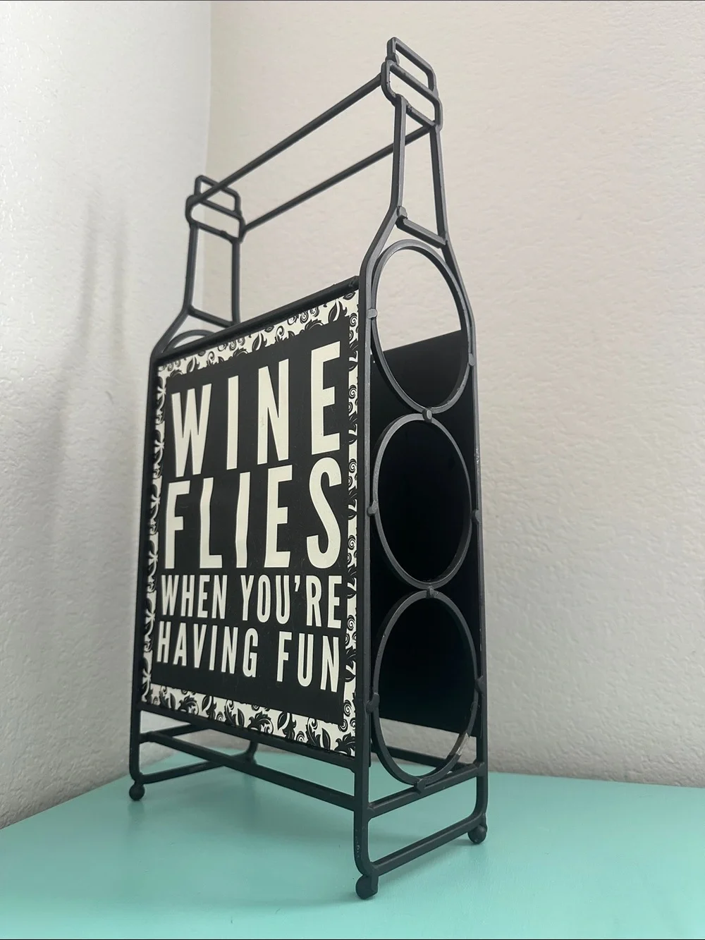 Wine Bottle Rack Décor ‘Wine Flies When You’re Having Fun’-used-good condition